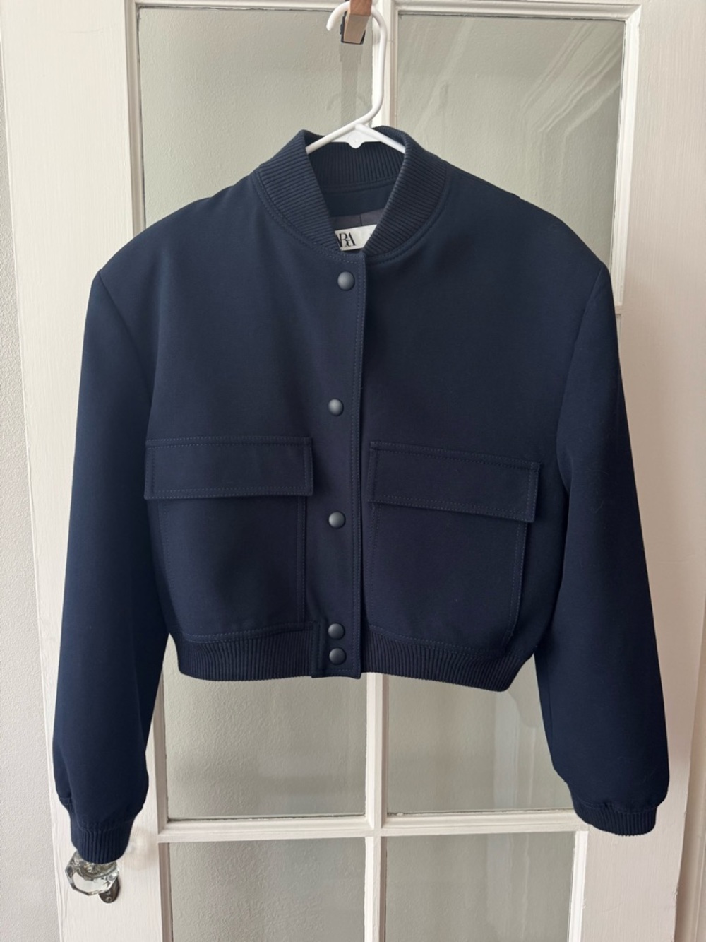 Navy Blue Structured Cropped Bomber Jacket